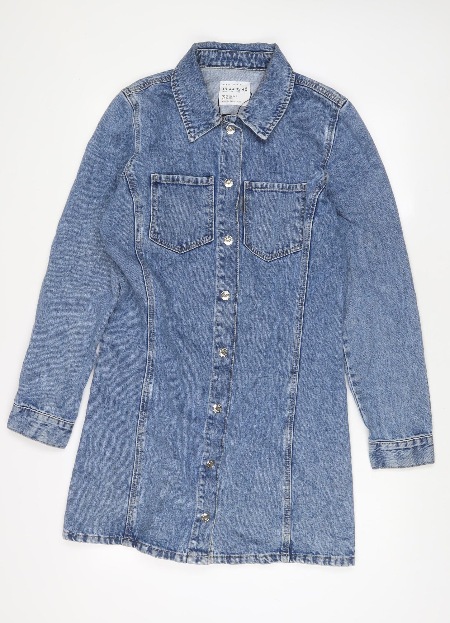 Denim & Co. Womens Blue Cotton A-Line Size 16 Collared Snap