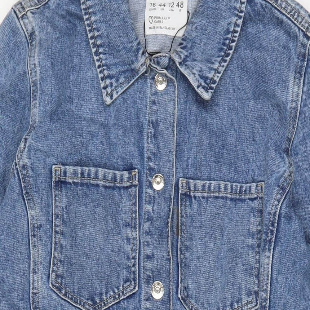 Denim & Co. Womens Blue Cotton A-Line Size 16 Collared Snap