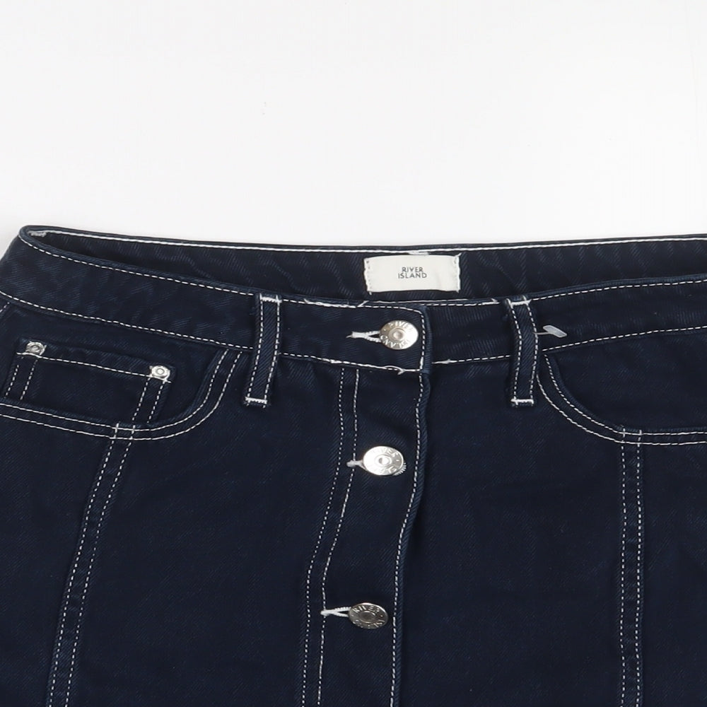 River Island Womens Blue Cotton A-Line Skirt Size 10 Button