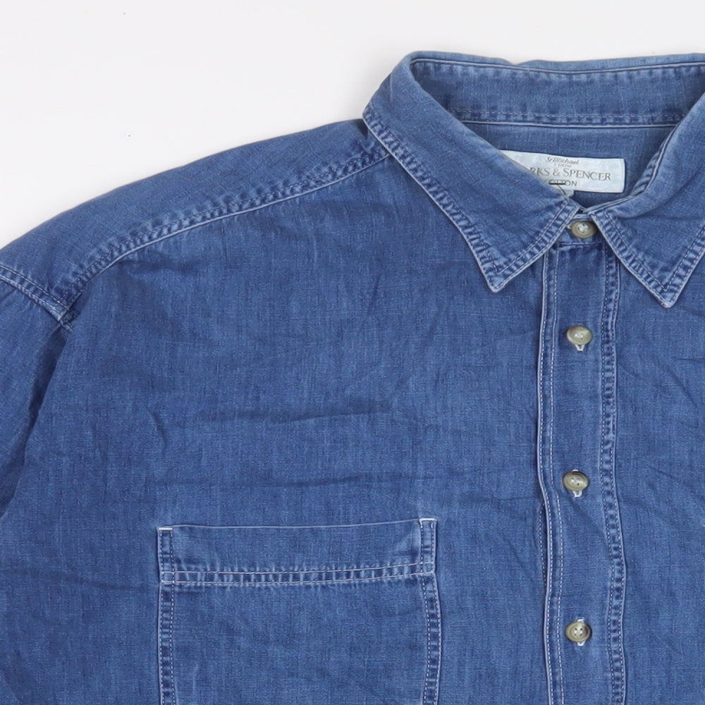 Marks and Spencer Mens Blue Cotton Button-Up Size L Collared Button