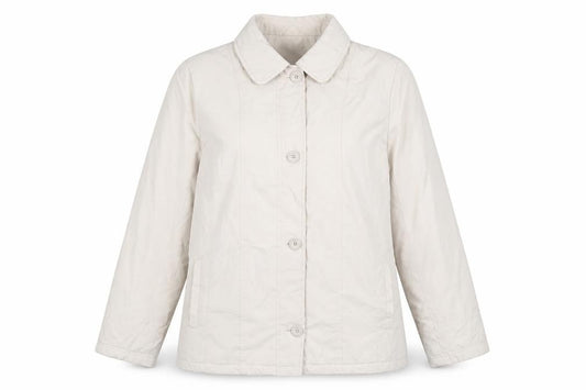 Front view of Elegance women’s beige jacket, size L, button