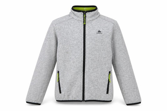 Front view of Decathlon boys’ red jacket, size 10-11, years zip - zip pockets