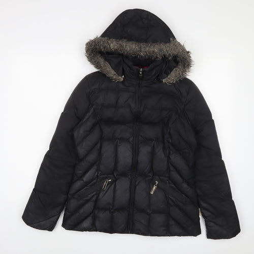 Marks and Spencer Womens Black Striped Parka Coat Size S Zip - Zip Pockets
