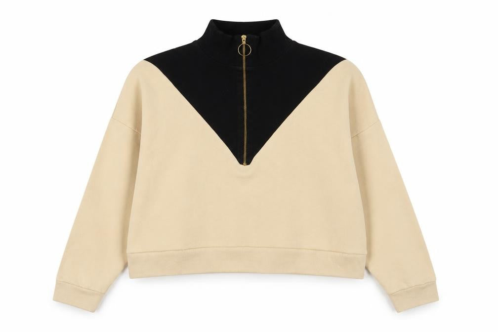 Front view of Zara women’s beige cotton pullover sweatshirt, size M, zip