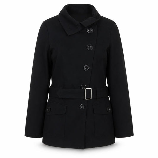Front view of Authentic women’s black jacket, size UK 10, button - belted