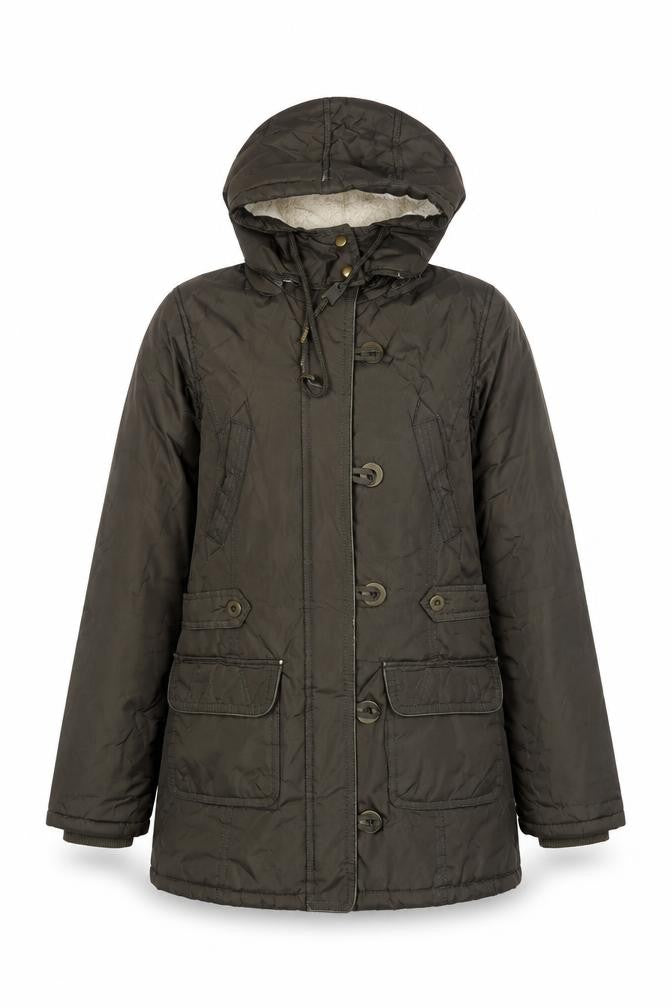 Front view of Brave Soul women’s green jacket coat, size UK 10, zip - pockets