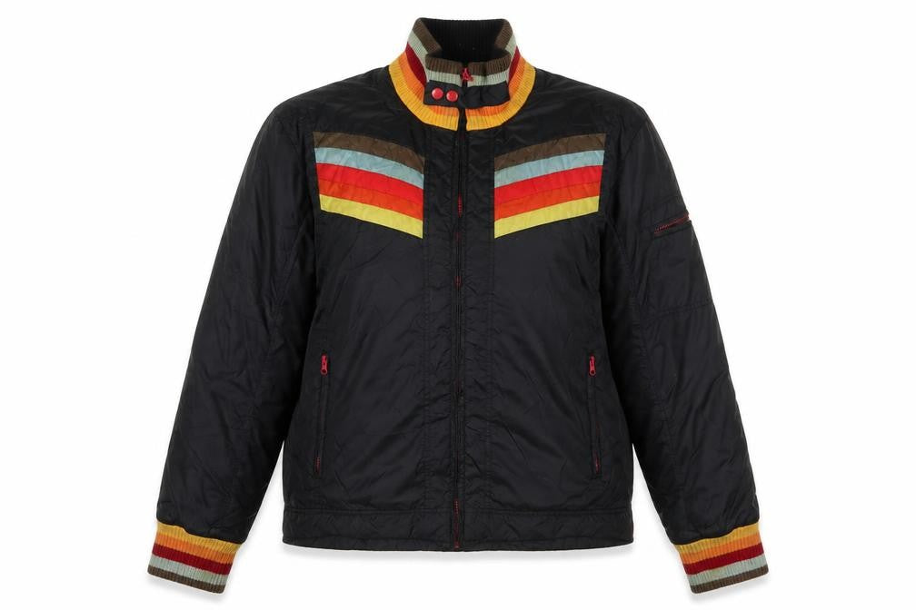 Front view of Unstable women’s black striped jacket, size L, zip - zip pockets