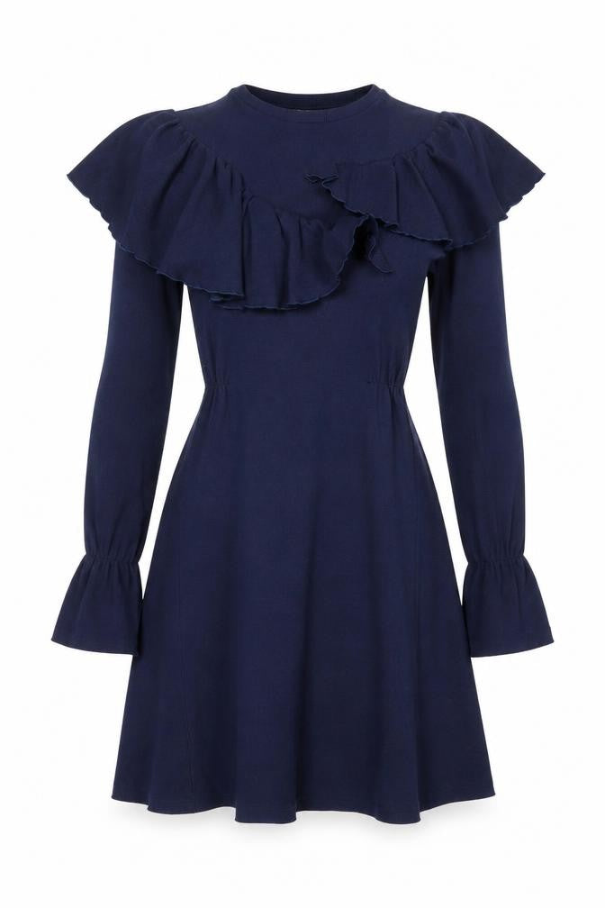 Front view of Eren Vintage women’s blue cotton fit & flare, size XS, round neck pullover