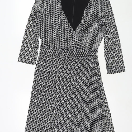 Esprit Womens Black Geometric Polyester Fit & Flare Size M V-Neck Zip