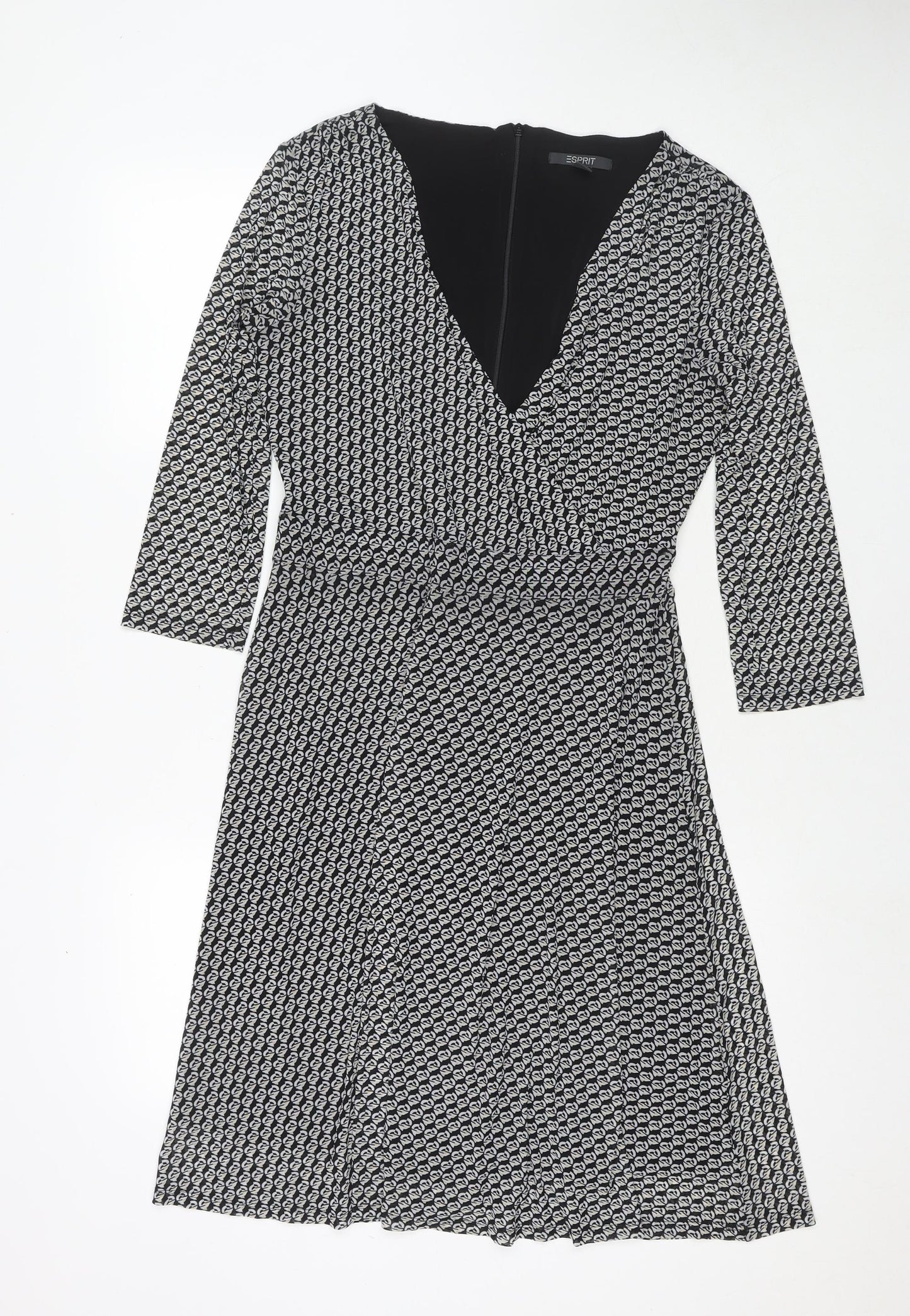 Esprit Womens Black Geometric Polyester Fit & Flare Size M V-Neck Zip