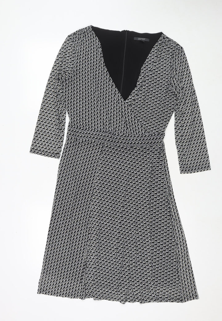 Esprit Womens Black Geometric Polyester Fit & Flare Size M V-Neck Zip