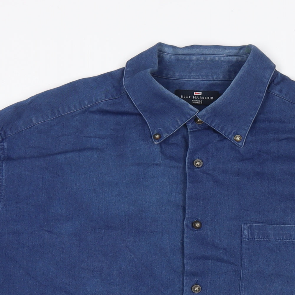 Marks and Spencer Mens Blue Cotton Button-Up Size XL Collared Button