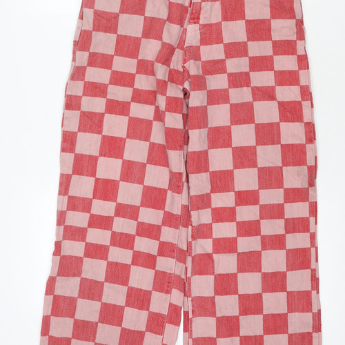 Zara Womens Red Check Cotton Wide-Leg Jeans Size 10 L27 in Regular Zip