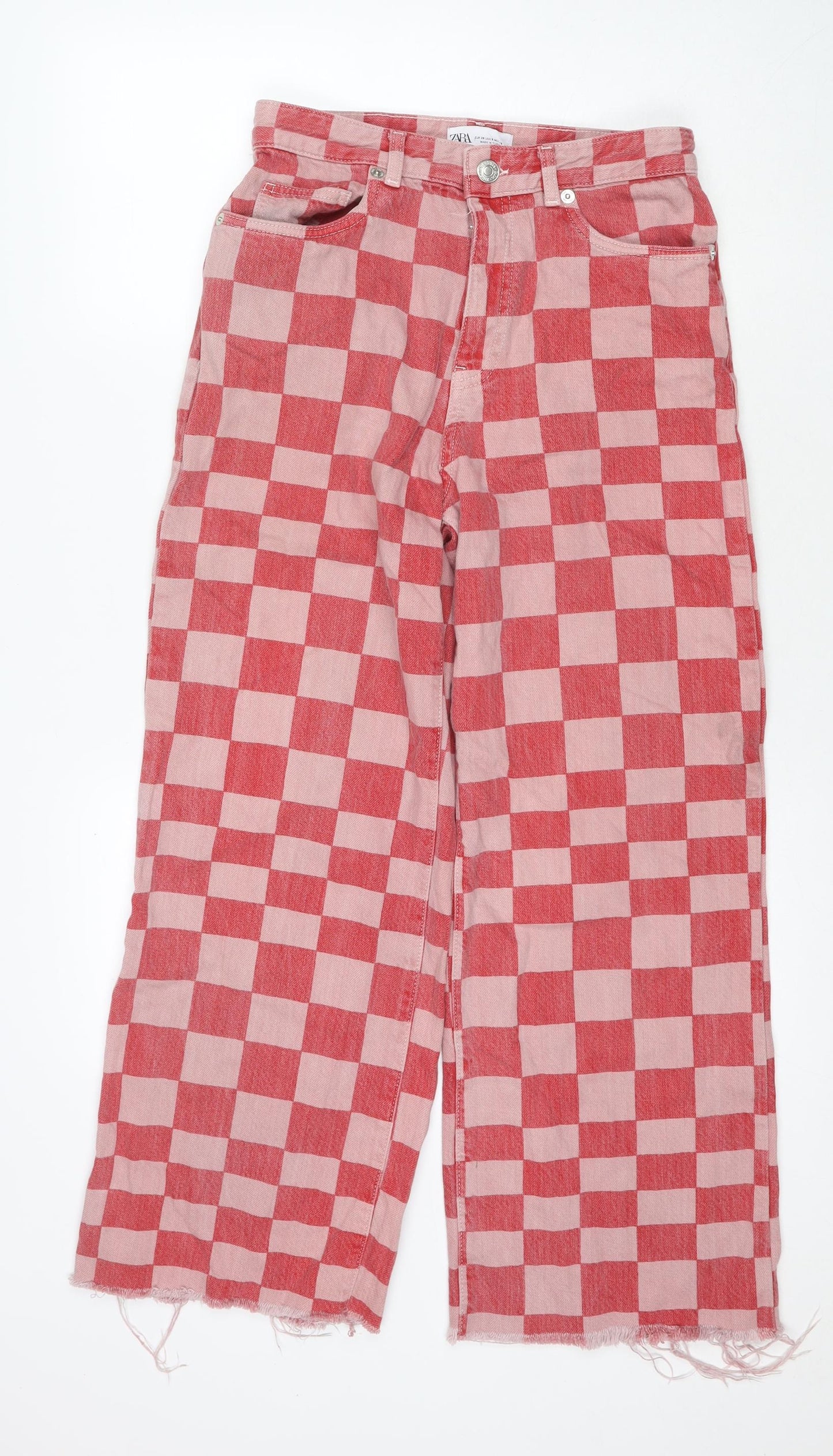 Zara Womens Red Check Cotton Wide-Leg Jeans Size 10 L27 in Regular Zip