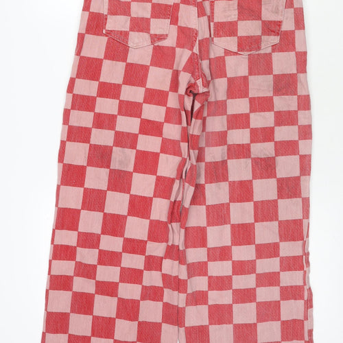 Zara Womens Red Check Cotton Wide-Leg Jeans Size 10 L27 in Regular Zip