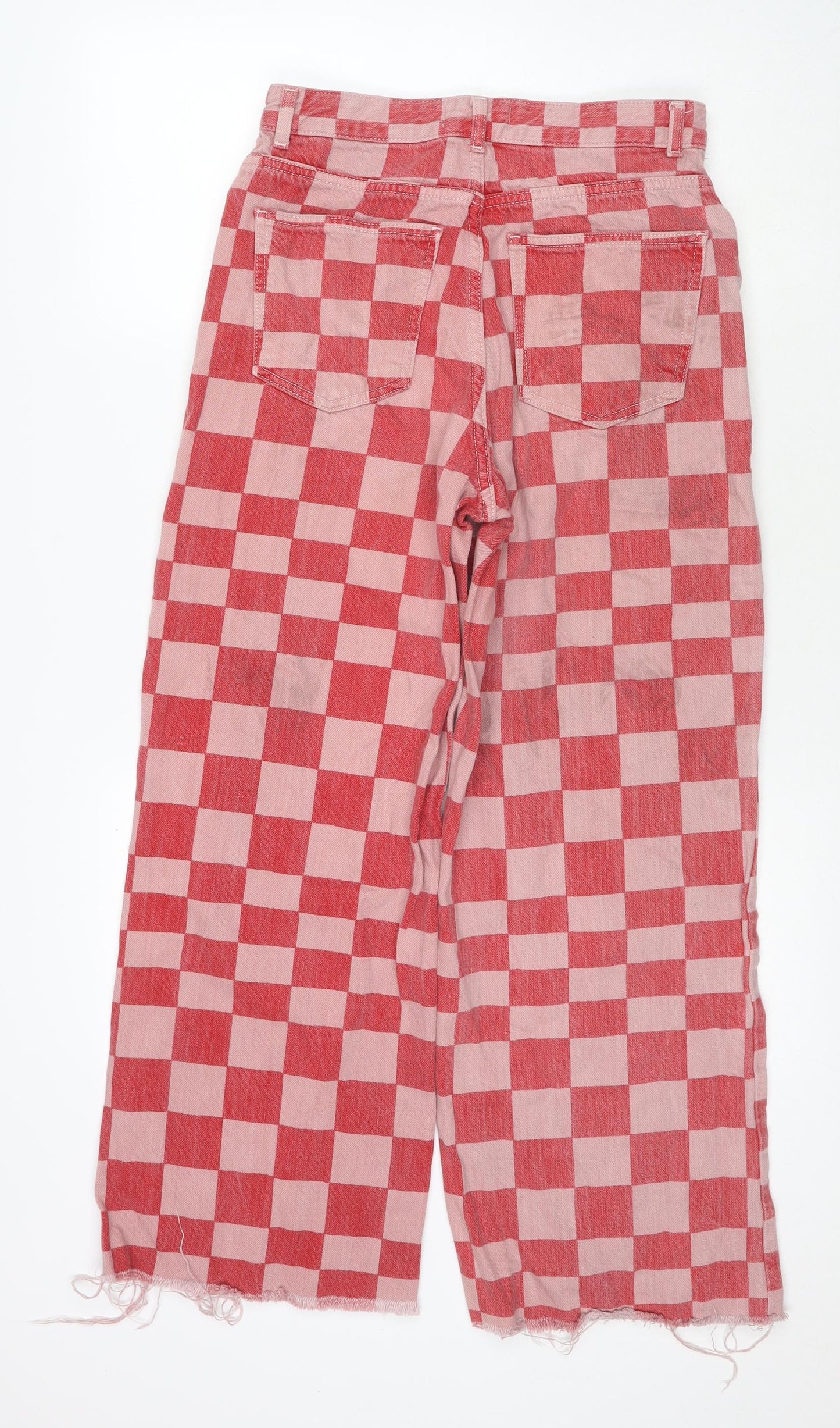 Zara Womens Red Check Cotton Wide-Leg Jeans Size 10 L27 in Regular Zip