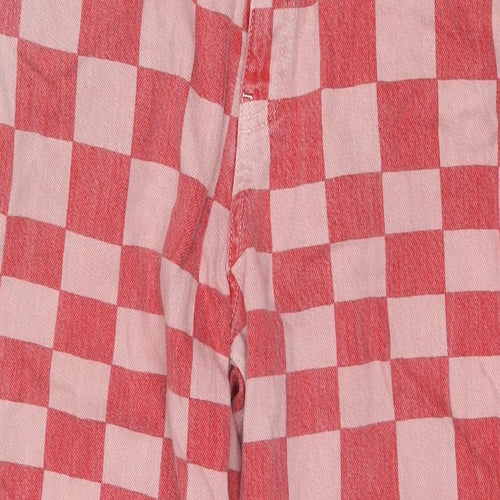 Zara Womens Red Check Cotton Wide-Leg Jeans Size 10 L27 in Regular Zip