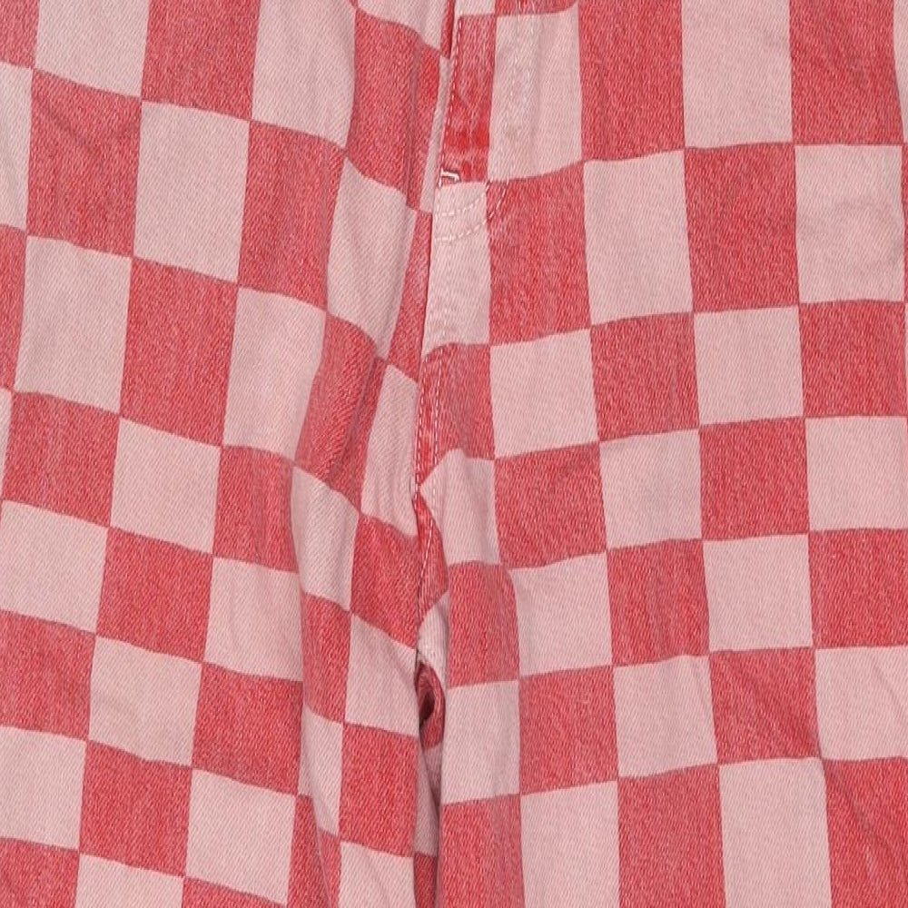 Zara Womens Red Check Cotton Wide-Leg Jeans Size 10 L27 in Regular Zip