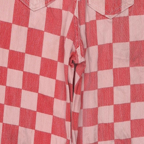 Zara Womens Red Check Cotton Wide-Leg Jeans Size 10 L27 in Regular Zip