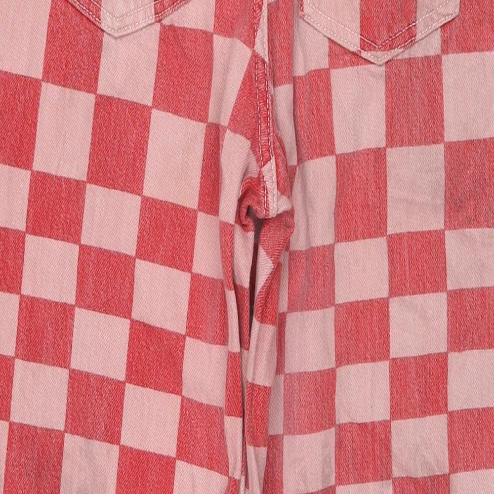 Zara Womens Red Check Cotton Wide-Leg Jeans Size 10 L27 in Regular Zip
