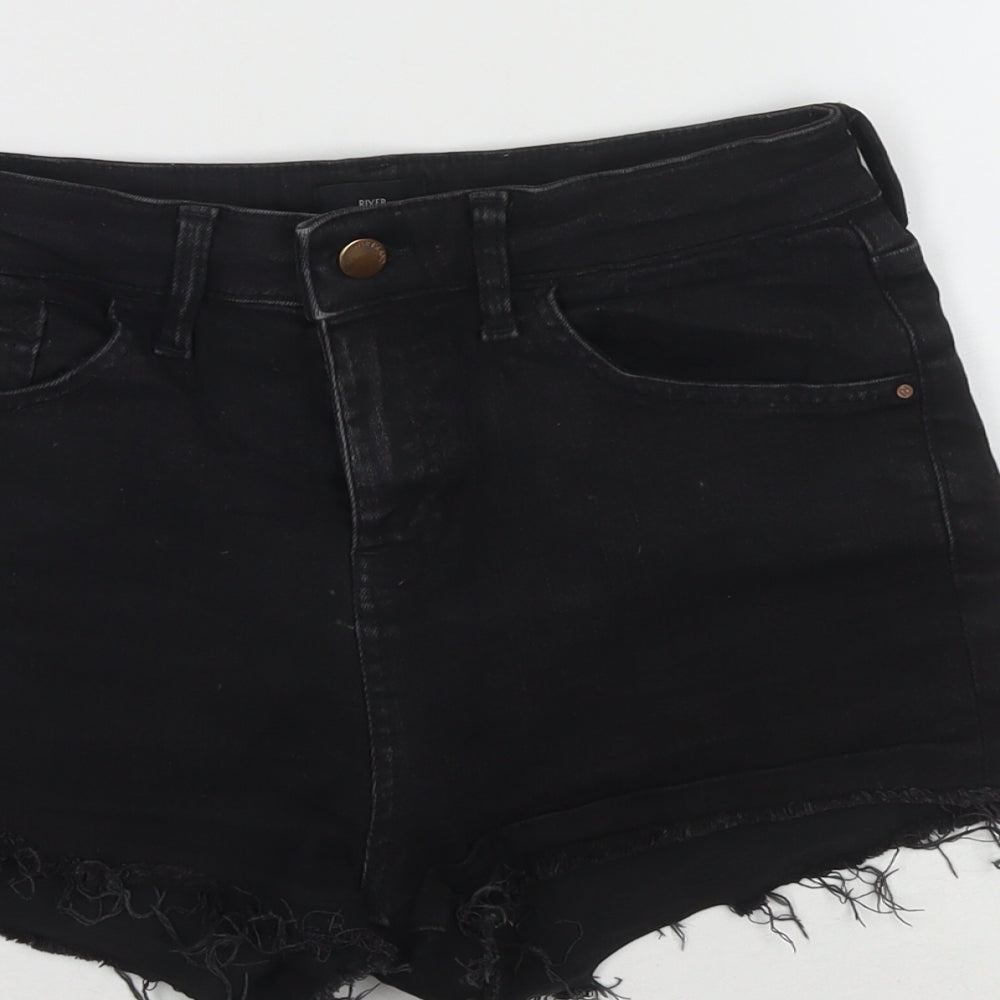 River Island Womens Black Cotton Cut-Off Shorts Size 10 L3 in Regular Zip