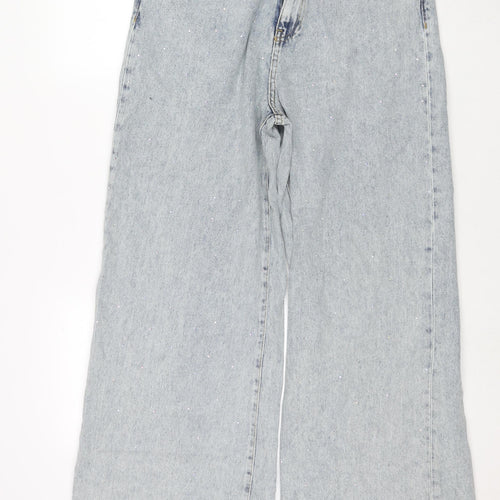 PRETTYLITTLETHING Womens Blue Cotton Wide-Leg Jeans Size 14 L32 in Regular Zip - Embellishment Detail
