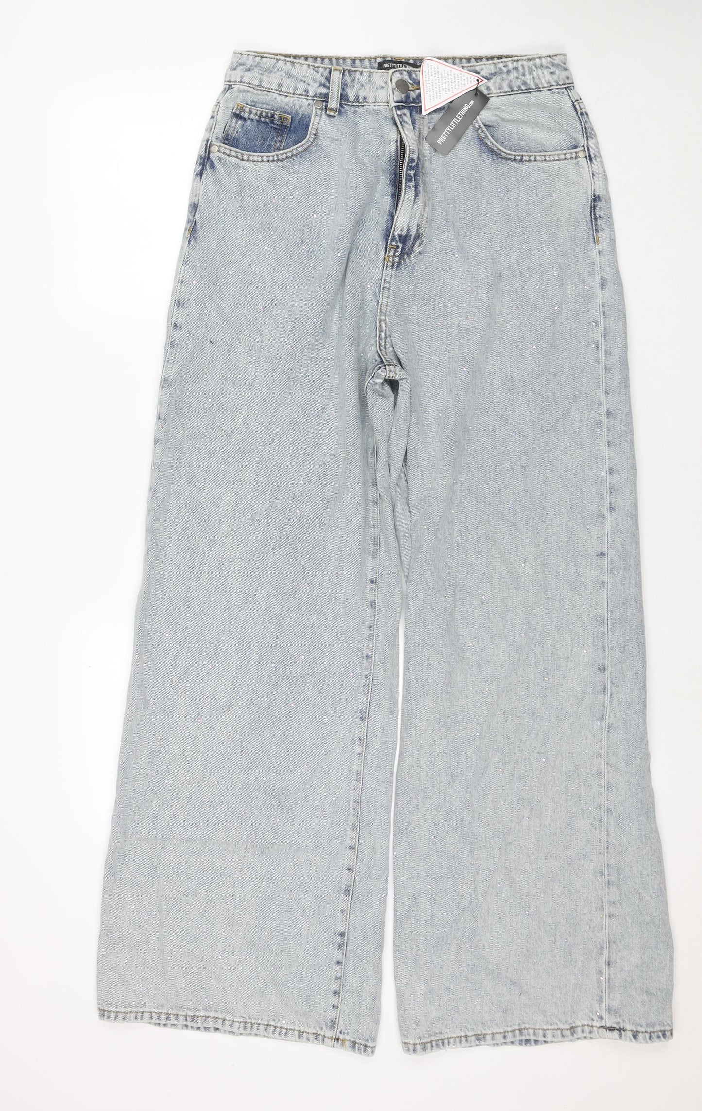 PRETTYLITTLETHING Womens Blue Cotton Wide-Leg Jeans Size 14 L32 in Regular Zip - Embellishment Detail