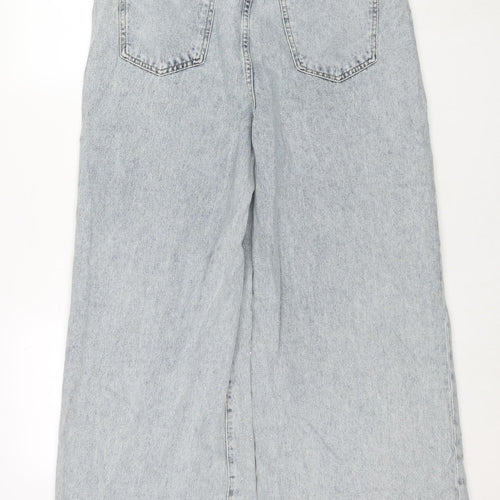 PRETTYLITTLETHING Womens Blue Cotton Wide-Leg Jeans Size 14 L32 in Regular Zip - Embellishment Detail