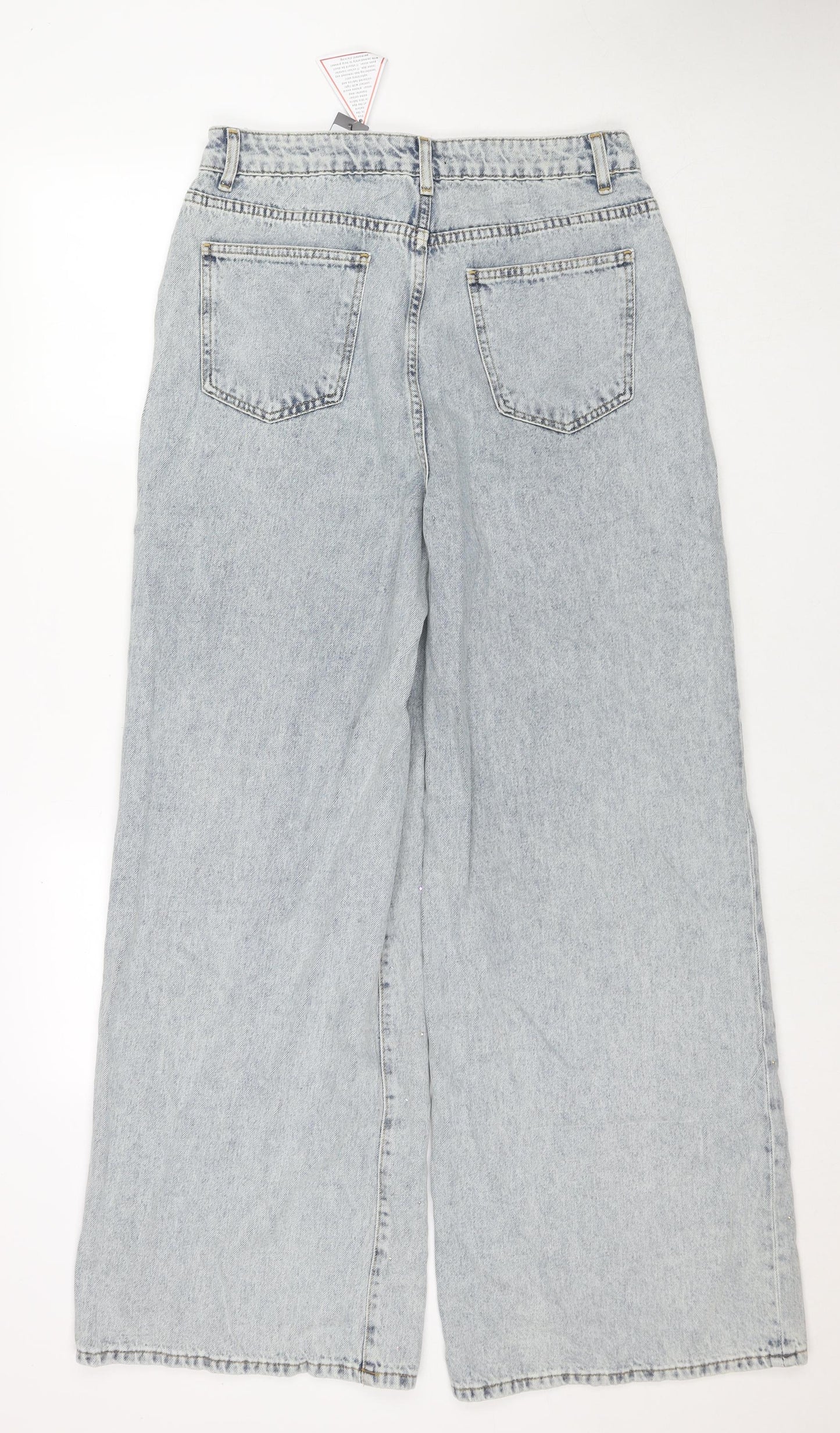 PRETTYLITTLETHING Womens Blue Cotton Wide-Leg Jeans Size 14 L32 in Regular Zip - Embellishment Detail