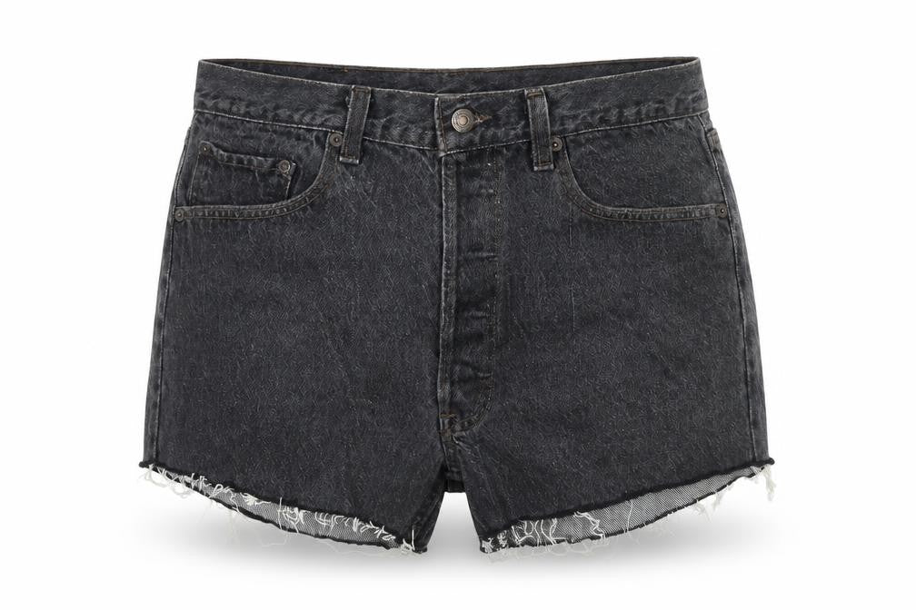 Front view of Levi's women’s grey polyester blend hot pants shorts, size UK 32, in regular zip - customized shorts