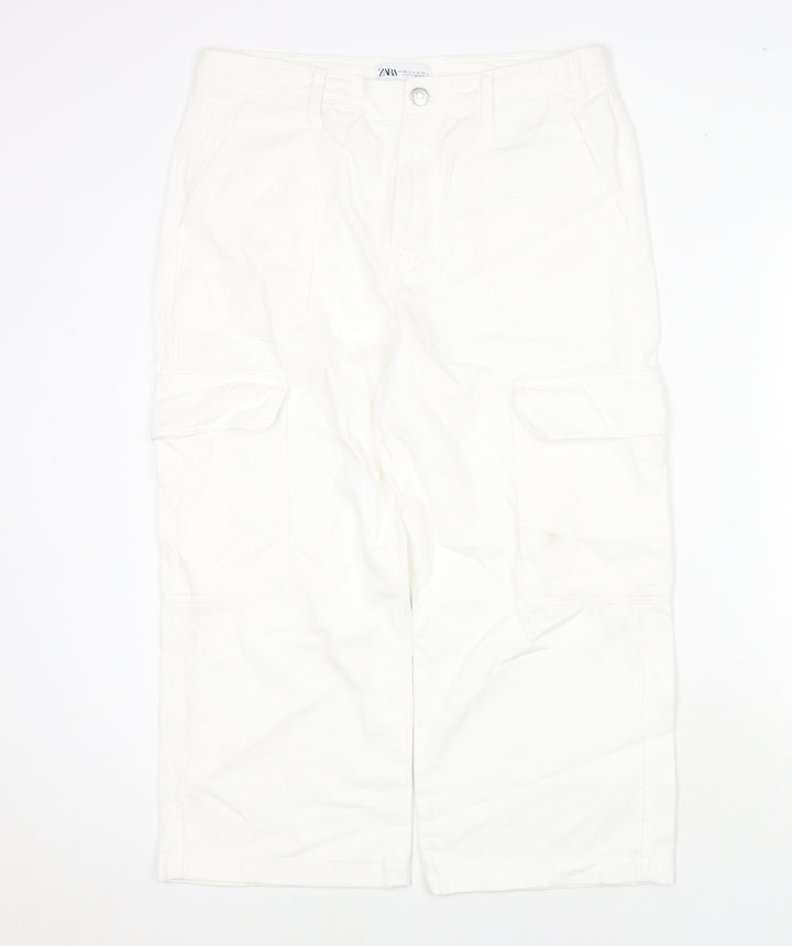 Zara Womens White Cotton Cropped Jeans Size 12 L21 in Regular Zip - Cargo Style