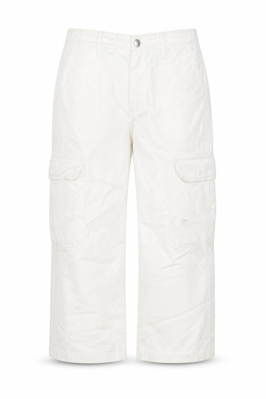 Front view of Zara women’s white cotton cropped jeans, size UK 12, 21-inch leg regular zip - cargo style