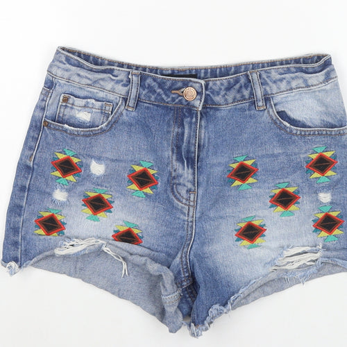 Matalan Womens Blue Geometric Cotton Hot Pants Shorts Size 8 L3 in Regular Zip