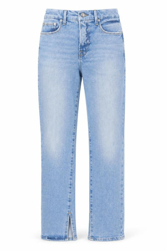 Front view of Good American women’s blue cotton straight jeans, size UK 24, in, 33-inch leg regular zip