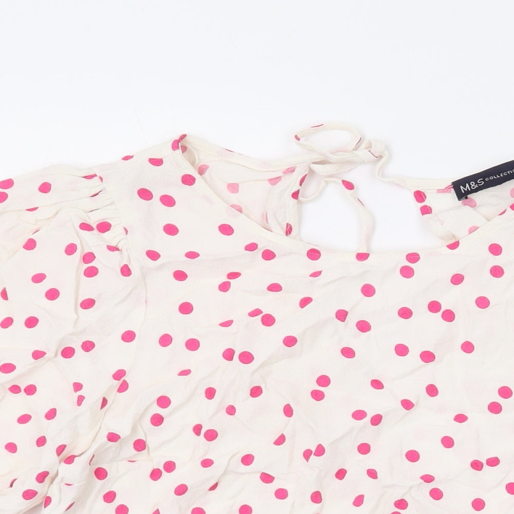 Marks and Spencer Womens Ivory Polka Dot Viscose Basic Button-Up Size 10 Round Neck