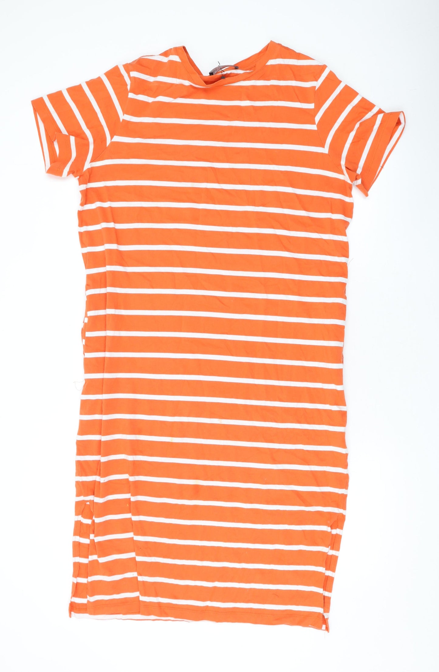 Marks and Spencer Womens Orange Striped Cotton T-Shirt Dress Size 12 Round Neck Pullover