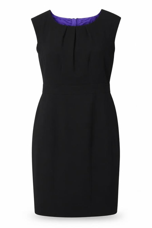 Front view of Debenhams women’s black polyester a-line, size UK 14, boat neck zip