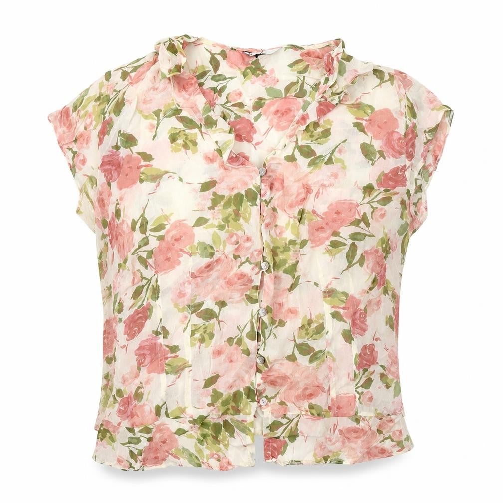 BHS Womens White Floral Viscose Basic Blouse Size 2 V-Neck