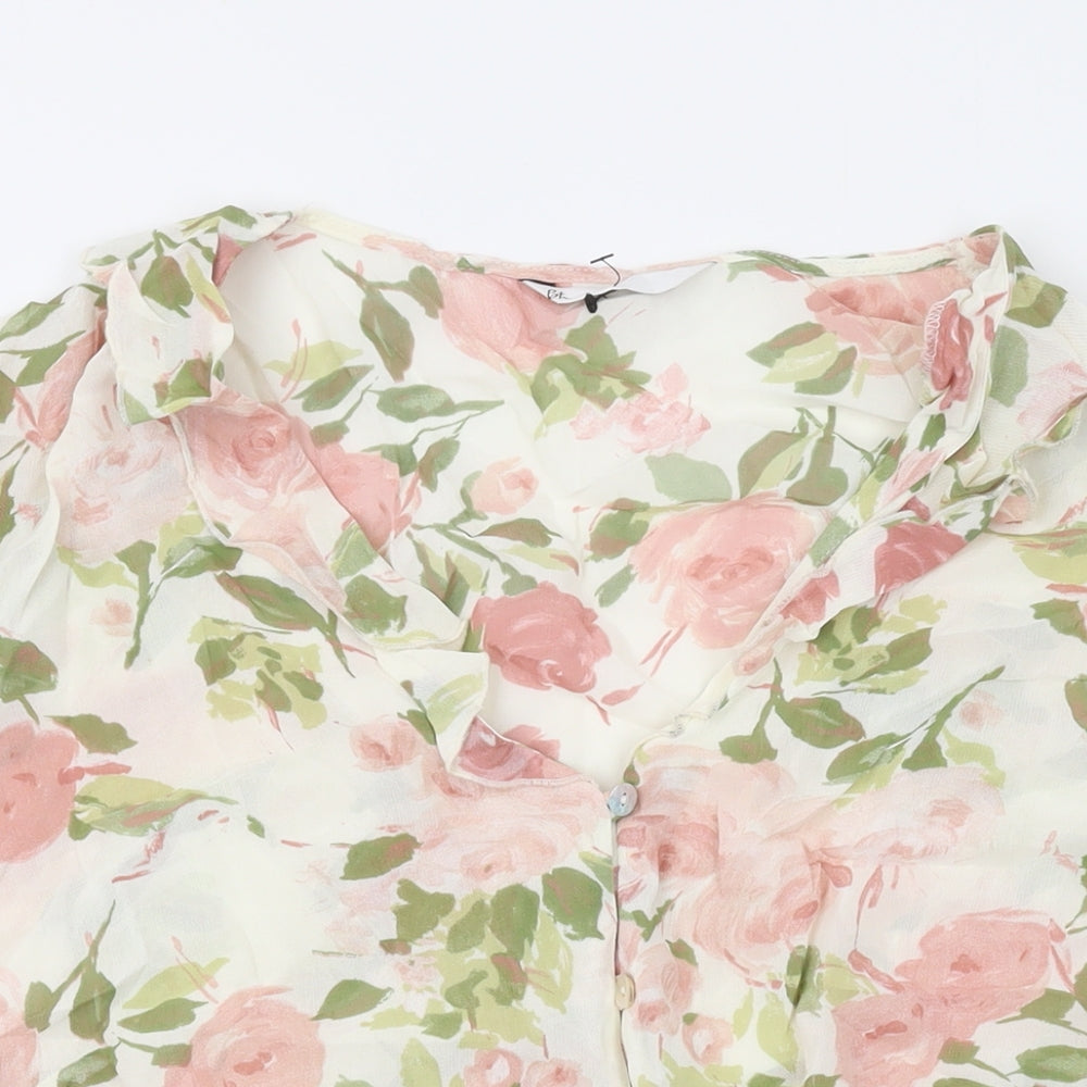 BHS Womens White Floral Viscose Basic Blouse Size 2 V-Neck