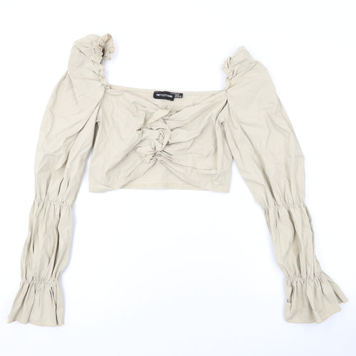 PRETTYLITTLETHING Womens Beige Polyester Cropped Blouse Size 12 V-Neck