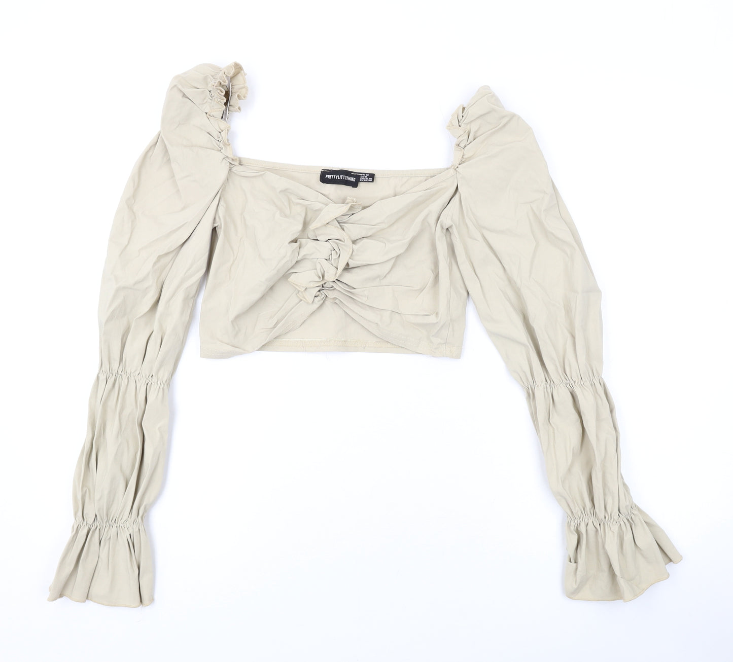 PRETTYLITTLETHING Womens Beige Polyester Cropped Blouse Size 12 V-Neck