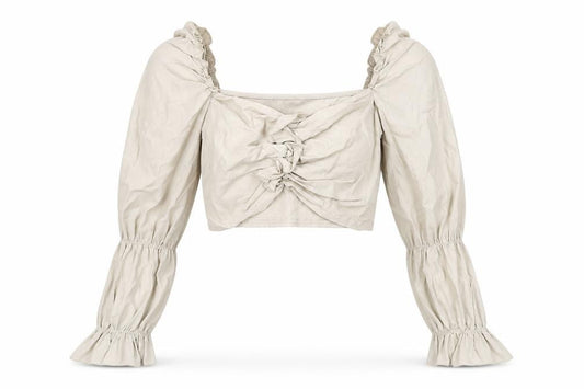 Front view of PRETTYLITTLETHING women’s beige polyester cropped blouse, size UK 12, v-neck