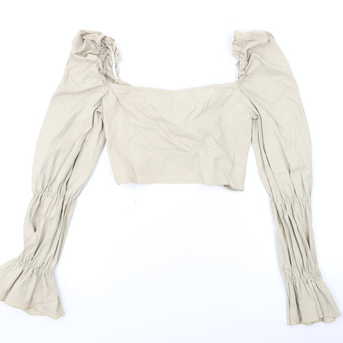 PRETTYLITTLETHING Womens Beige Polyester Cropped Blouse Size 12 V-Neck