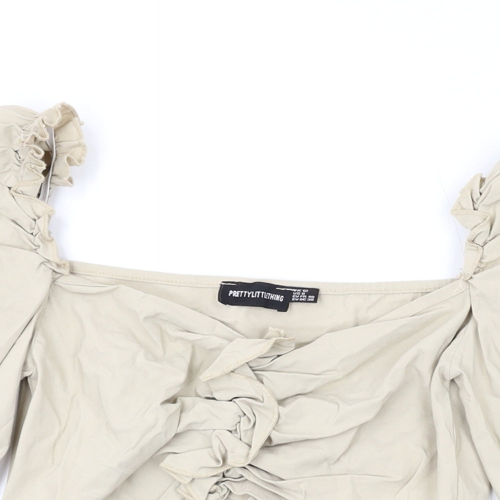 PRETTYLITTLETHING Womens Beige Polyester Cropped Blouse Size 12 V-Neck