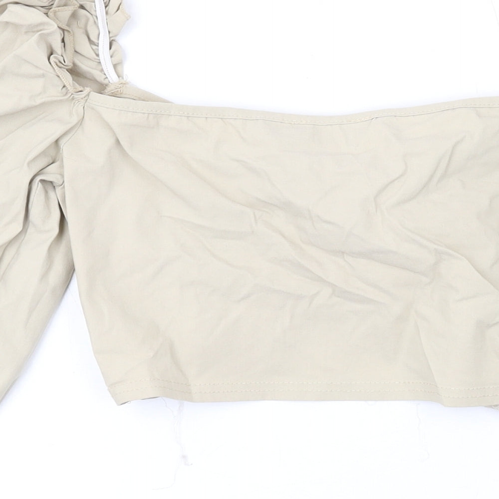PRETTYLITTLETHING Womens Beige Polyester Cropped Blouse Size 12 V-Neck