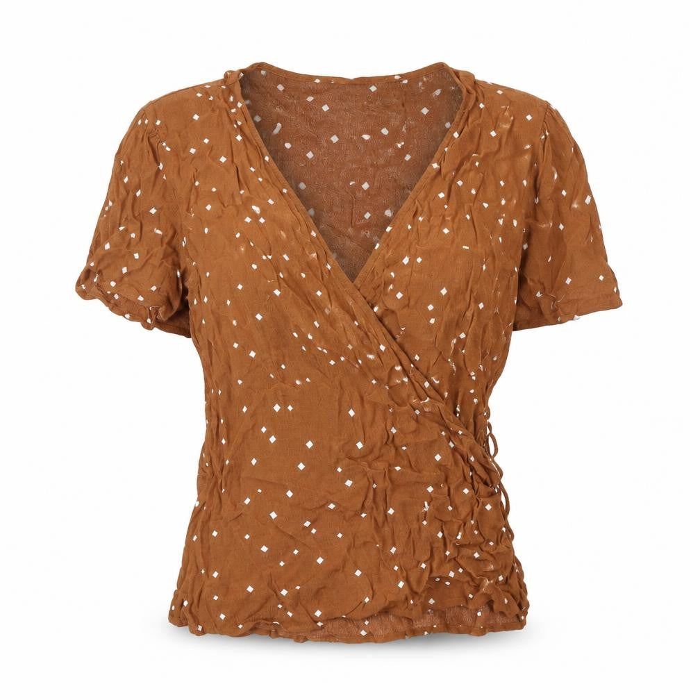 Front view of Next women’s black geometric viscose wrap blouse, size UK 12, v-neck