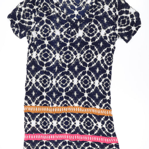 Adini Womens Blue Geometric Viscose T-Shirt Dress Size M V-Neck Pullover