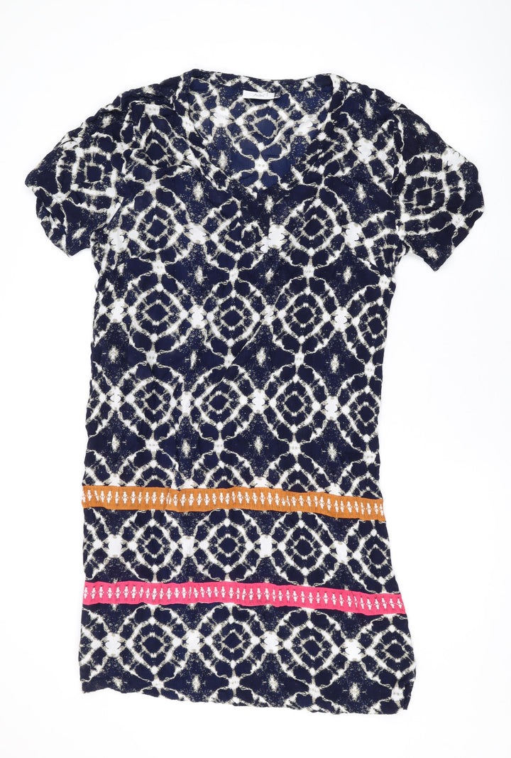 Adini Womens Blue Geometric Viscose T-Shirt Dress Size M V-Neck Pullover