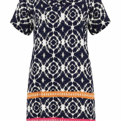Adini Womens Blue Geometric Viscose T-Shirt Dress Size M V-Neck Pullover