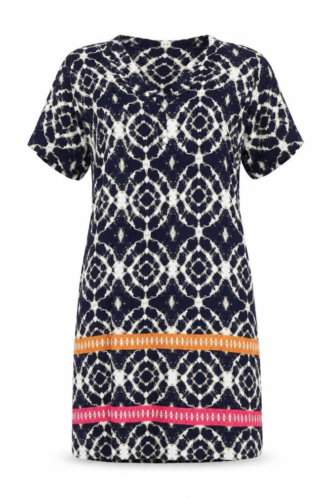 Adini Womens Blue Geometric Viscose T-Shirt Dress Size M V-Neck Pullover